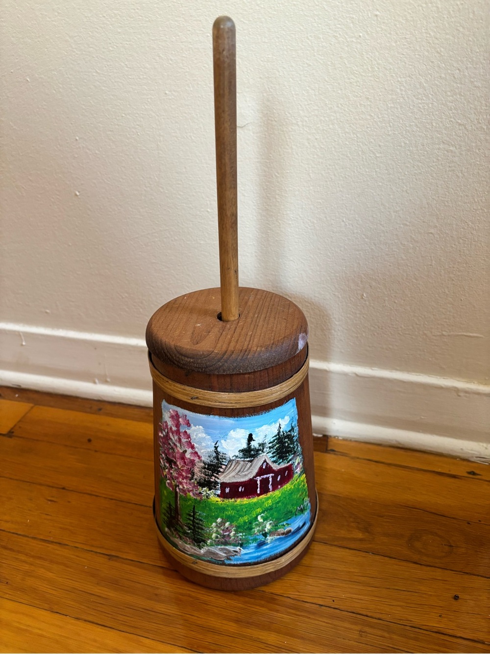 Vintage Hand-Painted Wooden Butter Churn with Scenic Panel. EUC